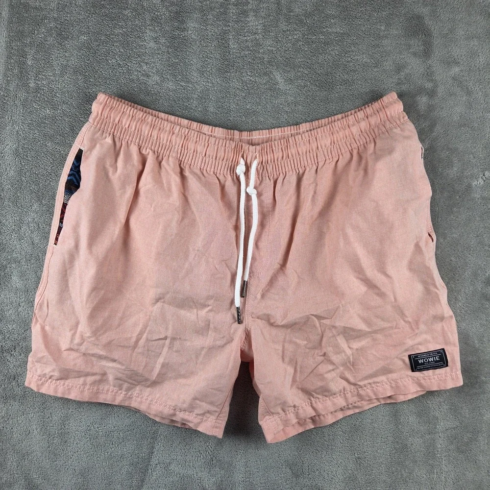 WOWIE Shorts Coral Pink Mens XL Drawstring Elastic Waist Aztec Pocket Trim